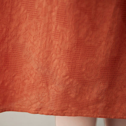 Buddha Stones Casual Solid Color Jacquard Crew Neck Short Puff Sleeve Cotton Linen Midi Dress