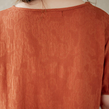 Buddha Stones Casual Solid Color Jacquard Crew Neck Short Puff Sleeve Cotton Linen Midi Dress