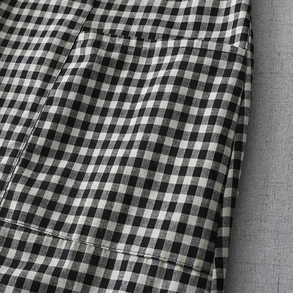 Buddha Stones Casual Vintage Plaid Pattern Lapel Short Sleeve Cotton Midi Dress With Pockets