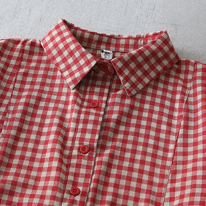 Buddha Stones Casual Vintage Plaid Pattern Lapel Short Sleeve Cotton Midi Dress With Pockets