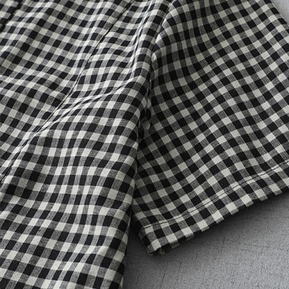 Buddha Stones Casual Vintage Plaid Pattern Lapel Short Sleeve Cotton Midi Dress With Pockets
