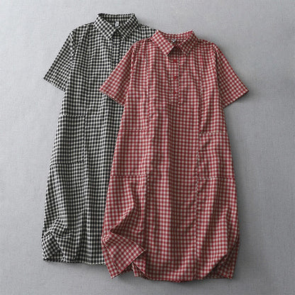 Buddha Stones Casual Vintage Plaid Pattern Lapel Short Sleeve Cotton Midi Dress With Pockets