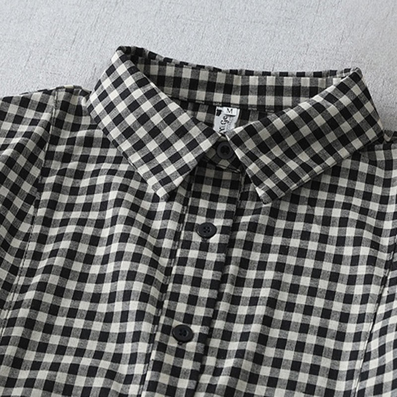 Buddha Stones Casual Vintage Plaid Pattern Lapel Short Sleeve Cotton Midi Dress With Pockets
