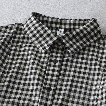 Buddha Stones Casual Vintage Plaid Pattern Lapel Short Sleeve Cotton Midi Dress With Pockets