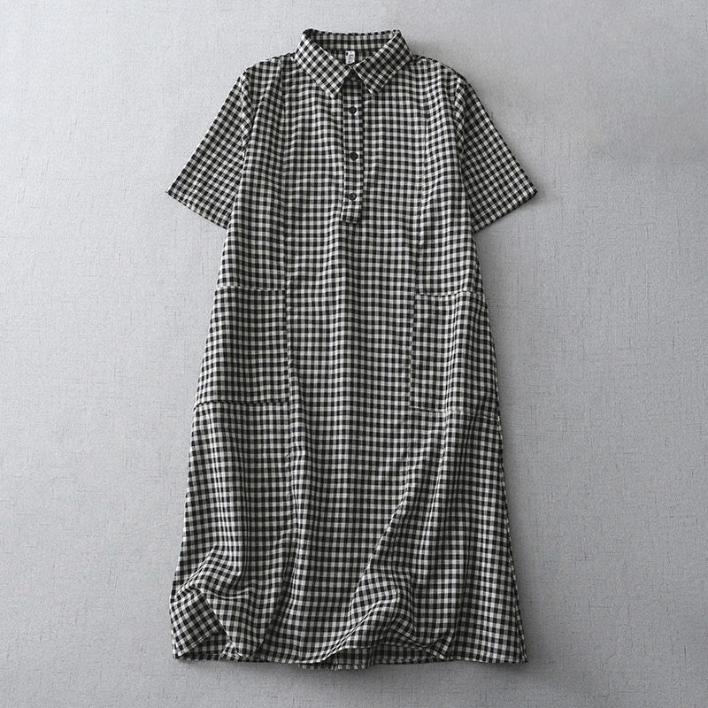 Buddha Stones Casual Vintage Plaid Pattern Lapel Short Sleeve Cotton Midi Dress With Pockets