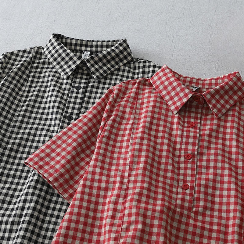 Buddha Stones Casual Vintage Plaid Pattern Lapel Short Sleeve Cotton Midi Dress With Pockets