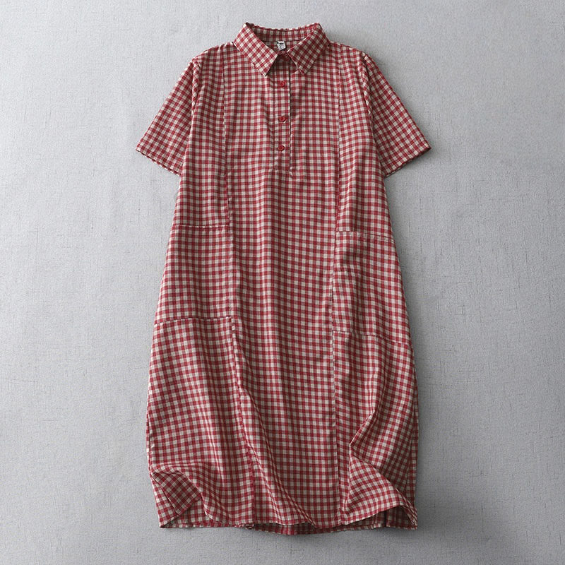 Buddha Stones Casual Vintage Plaid Pattern Lapel Short Sleeve Cotton Midi Dress With Pockets