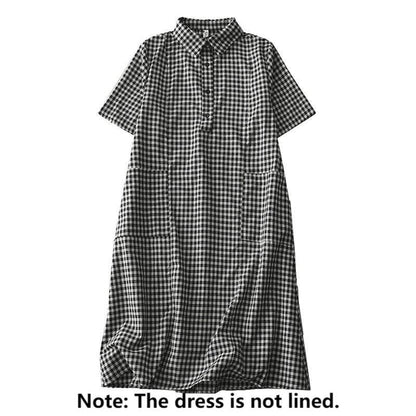 Buddha Stones Casual Vintage Plaid Pattern Lapel Short Sleeve Cotton Midi Dress With Pockets
