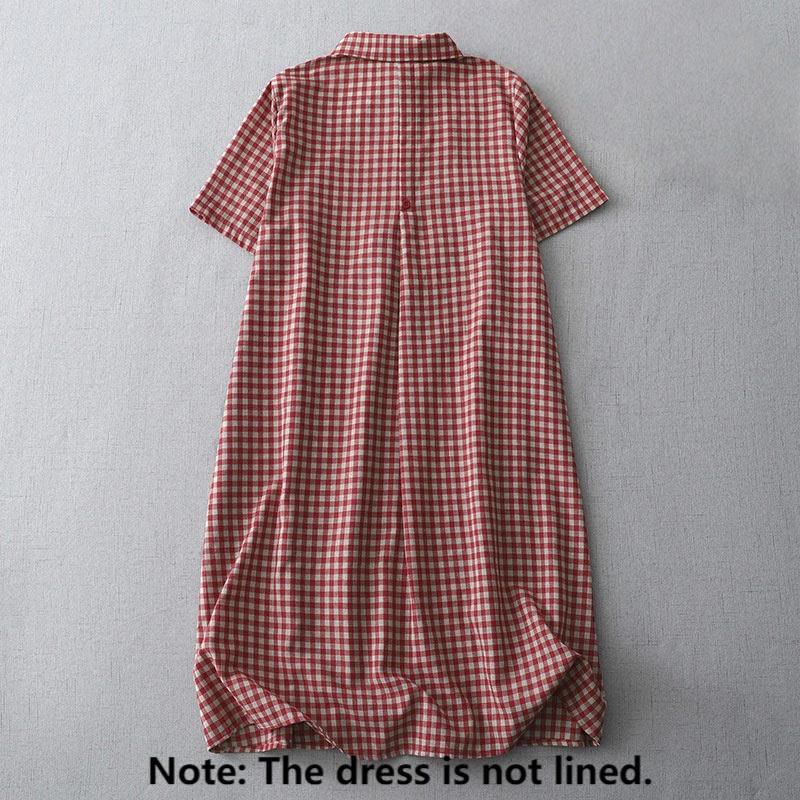 Buddha Stones Casual Vintage Plaid Pattern Lapel Short Sleeve Cotton Midi Dress With Pockets