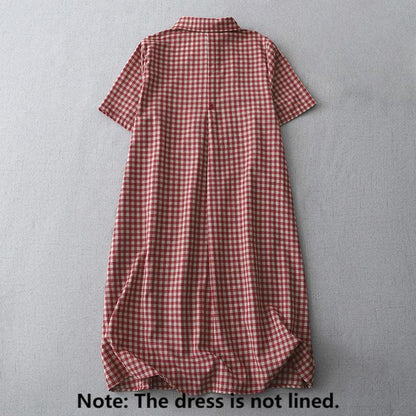 Buddha Stones Casual Vintage Plaid Pattern Lapel Short Sleeve Cotton Midi Dress With Pockets