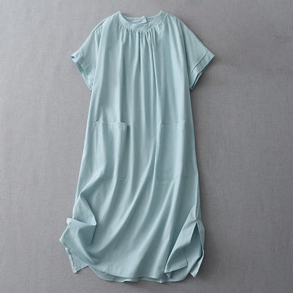 Buddha Stones Casual Pure Color Back Buttons Design Crew Neck Short Sleeve Cotton Linen Midi Dress With Pockets