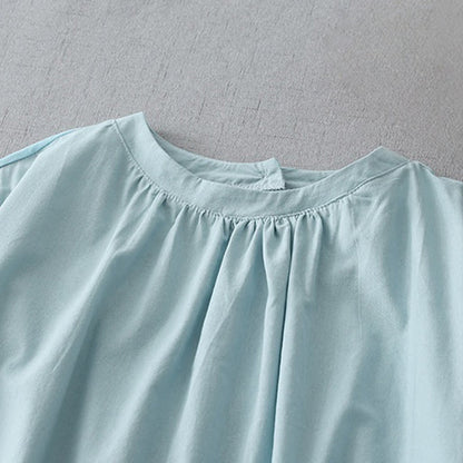 Buddha Stones Casual Pure Color Back Buttons Design Crew Neck Short Sleeve Cotton Linen Midi Dress With Pockets