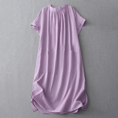 Buddha Stones Casual Pure Color Back Buttons Design Crew Neck Short Sleeve Cotton Linen Midi Dress With Pockets