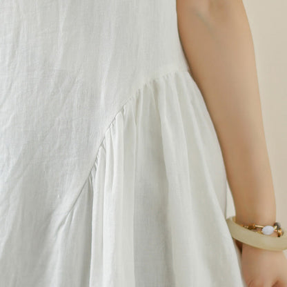 Buddha Stones FloralWhite Casual Back Buttons Design Sleeveless Cotton Midi Dress With Pockets