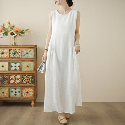 Buddha Stones FloralWhite Casual Back Buttons Design Sleeveless Cotton Midi Dress With Pockets