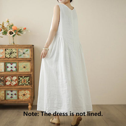 Buddha Stones FloralWhite Casual Back Buttons Design Sleeveless Cotton Midi Dress With Pockets