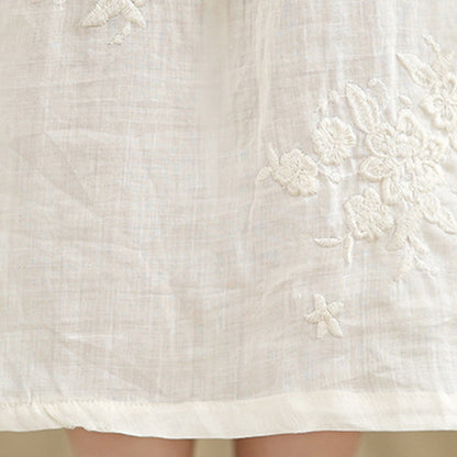 Buddha Stones Beige Casual Embroidery Three Quarter Sleeve Cotton Linen Midi Dress With Pockets
