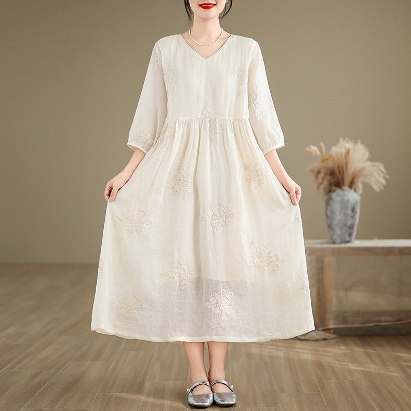 Buddha Stones Beige Casual Embroidery Three Quarter Sleeve Cotton Linen Midi Dress With Pockets