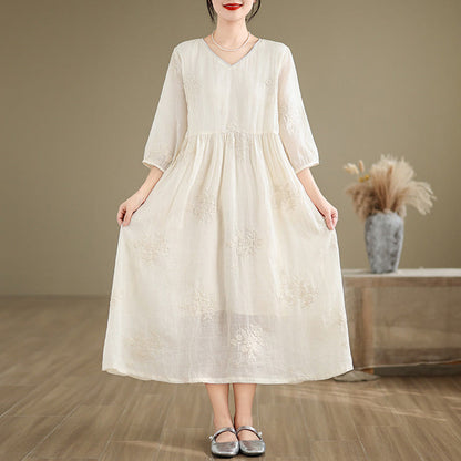 Buddha Stones Beige Casual Embroidery Three Quarter Sleeve Cotton Linen Midi Dress With Pockets