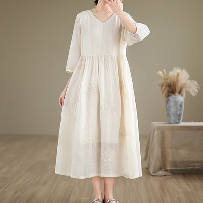 Buddha Stones Beige Casual Embroidery Three Quarter Sleeve Cotton Linen Midi Dress With Pockets