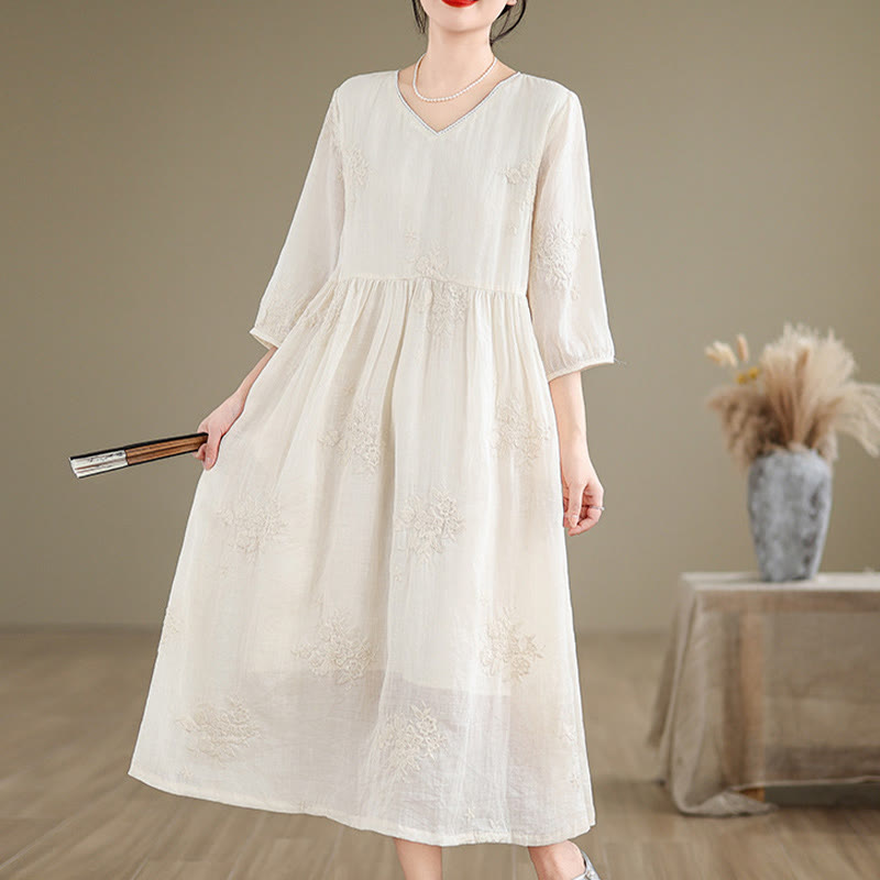 Buddha Stones Beige Casual Embroidery Three Quarter Sleeve Cotton Linen Midi Dress With Pockets