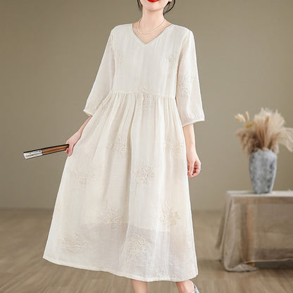 Buddha Stones Beige Casual Embroidery Three Quarter Sleeve Cotton Linen Midi Dress With Pockets