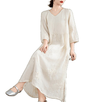 Buddha Stones Beige Casual Embroidery Three Quarter Sleeve Cotton Linen Midi Dress With Pockets