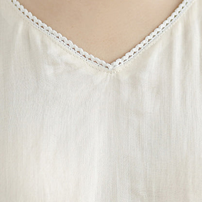 Buddha Stones Beige Casual Embroidery Three Quarter Sleeve Cotton Linen Midi Dress With Pockets