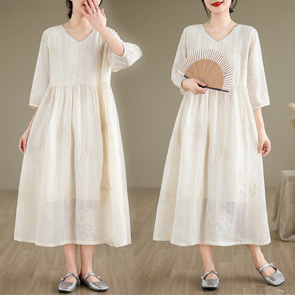 Buddha Stones Beige Casual Embroidery Three Quarter Sleeve Cotton Linen Midi Dress With Pockets