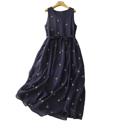 Buddha Stones MidnightBlue Printing Lace-Up Design Sleeveless Cotton Midi Dress With Pockets