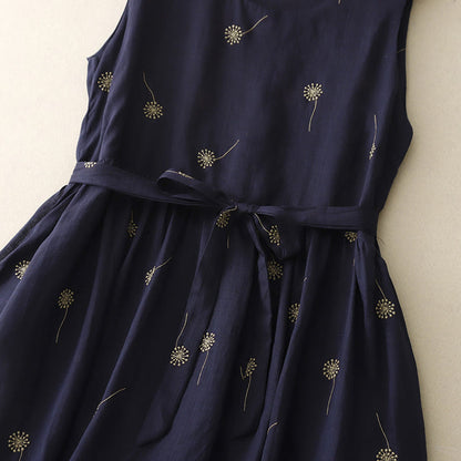 Buddha Stones MidnightBlue Printing Lace-Up Design Sleeveless Cotton Midi Dress With Pockets