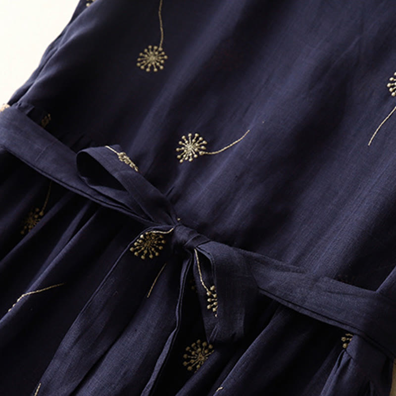 Buddha Stones MidnightBlue Printing Lace-Up Design Sleeveless Cotton Midi Dress With Pockets