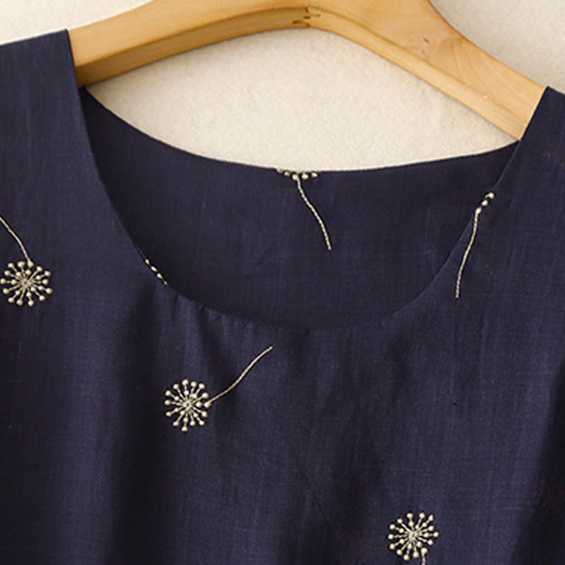 Buddha Stones MidnightBlue Printing Lace-Up Design Sleeveless Cotton Midi Dress With Pockets