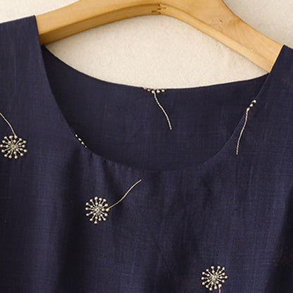 Buddha Stones MidnightBlue Printing Lace-Up Design Sleeveless Cotton Midi Dress With Pockets