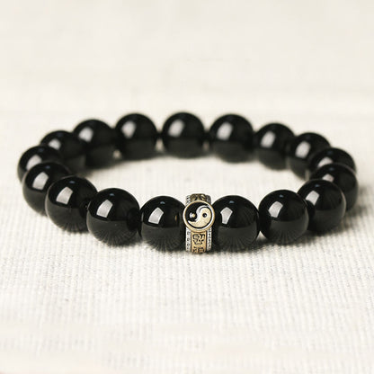Buddha Stones Black Obsidian Yin Yang Nine-Character Mantra Fulfilment Bracelet