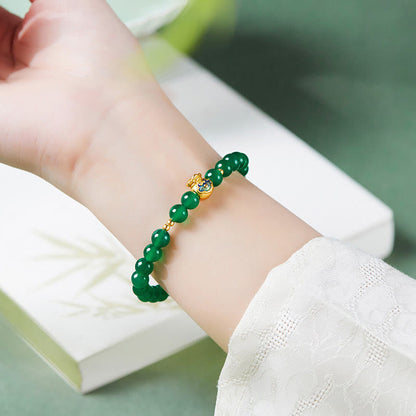 Buddha Stones 999 Sterling Silver Lucky Bag Green Chalcedony Calm Bracelet