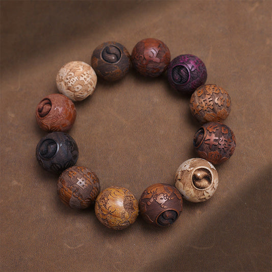 Buddha Stones Carving Sandalwood Chinese Zodiac Auspicious Dragon Phoenix Fu Character Healing Bracelet