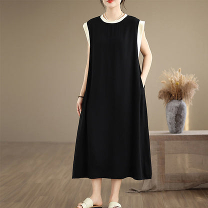 Buddha Stones Pure Color Slit Design Sleeveless Cotton Midi Dress With Pockets