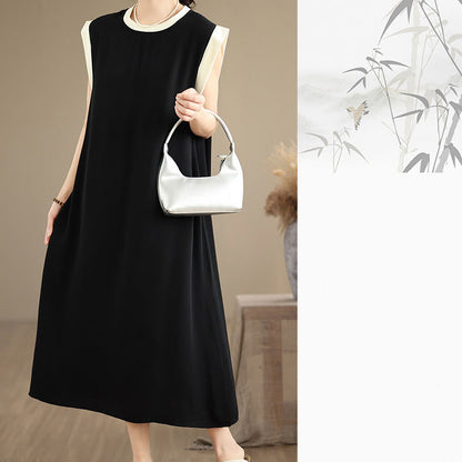 Buddha Stones Pure Color Slit Design Sleeveless Cotton Midi Dress With Pockets