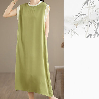 Buddha Stones Pure Color Slit Design Sleeveless Cotton Midi Dress With Pockets