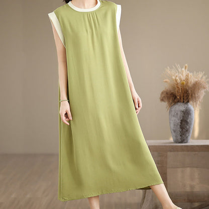 Buddha Stones Pure Color Slit Design Sleeveless Cotton Midi Dress With Pockets