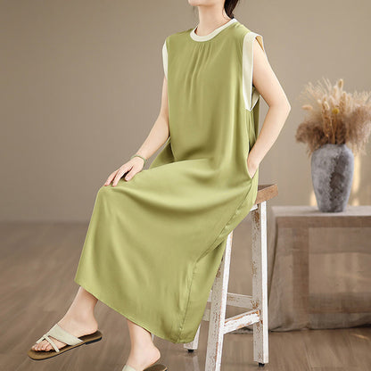 Buddha Stones Pure Color Slit Design Sleeveless Cotton Midi Dress With Pockets