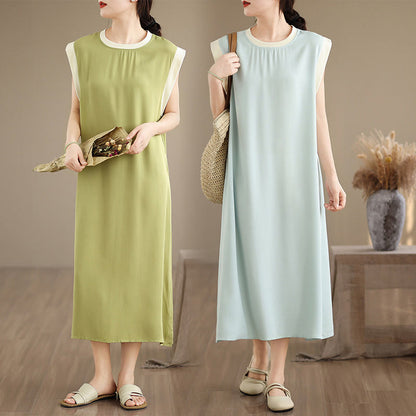 Buddha Stones Pure Color Slit Design Sleeveless Cotton Midi Dress With Pockets