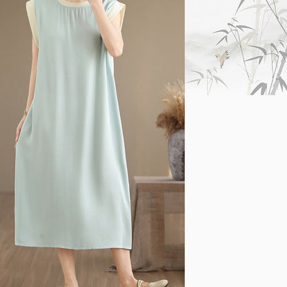Buddha Stones Pure Color Slit Design Sleeveless Cotton Midi Dress With Pockets