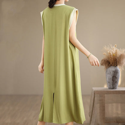 Buddha Stones Pure Color Slit Design Sleeveless Cotton Midi Dress With Pockets