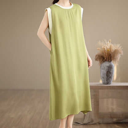 Buddha Stones Pure Color Slit Design Sleeveless Cotton Midi Dress With Pockets