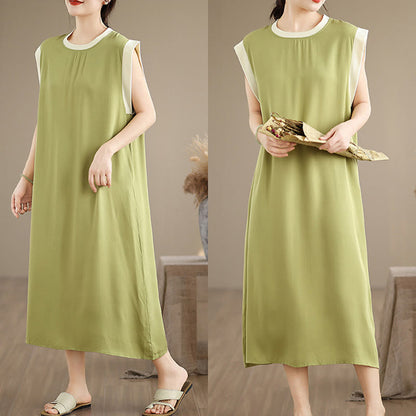 Buddha Stones Pure Color Slit Design Sleeveless Cotton Midi Dress With Pockets