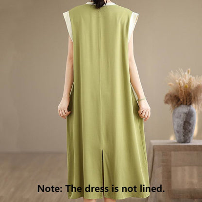 Buddha Stones Pure Color Slit Design Sleeveless Cotton Midi Dress With Pockets
