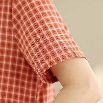 Buddha Stones Commute Plaid Pattern Simple Design Cotton Linen Short Sleeve Midi Dress With Pockets