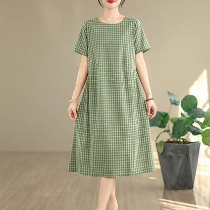 Buddha Stones Commute Plaid Pattern Simple Design Cotton Linen Short Sleeve Midi Dress With Pockets